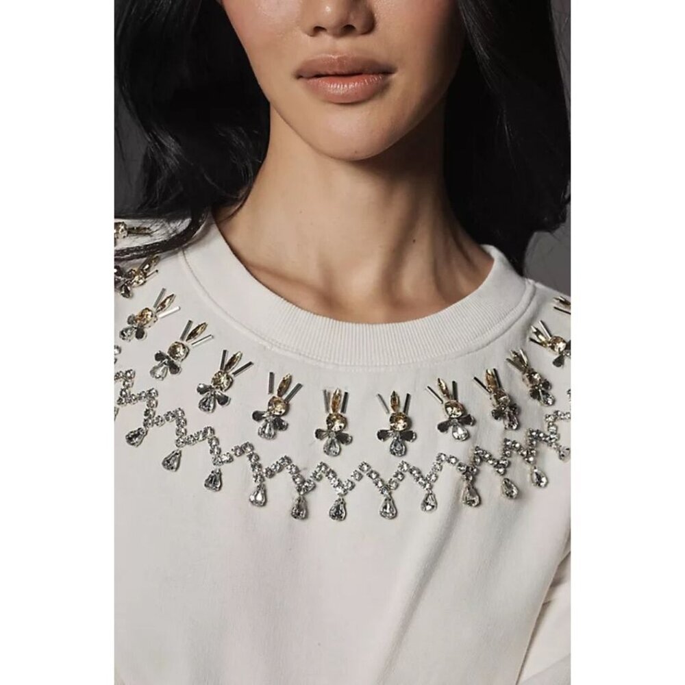 Maeve Long-Sleeve Embellished Pullover Sweatshirt Women's Size S White - Picture 3 of 3